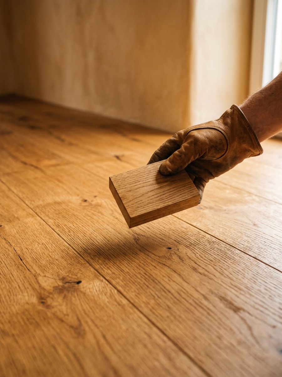 Hand mit Lederhandschuh hält Eiche-Musterklotz über frisch geölte Landhausdiele im warmen Tageslicht