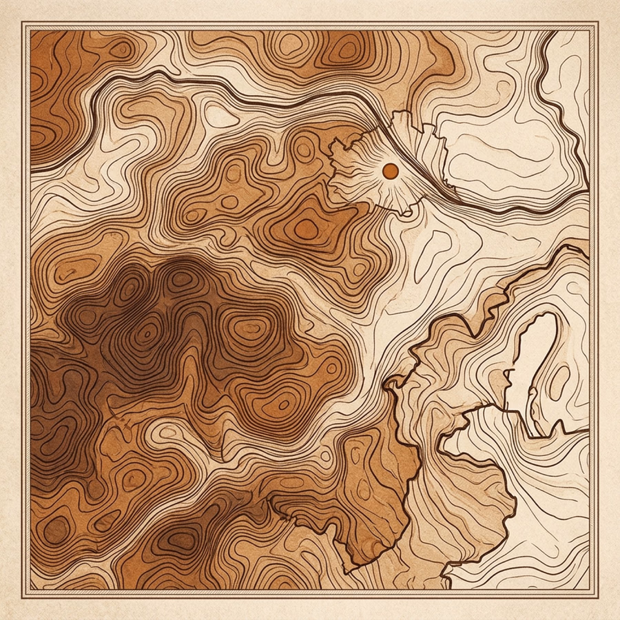 Stilisierte Holz-Karte der Region Wien und südliches Niederösterreich, Topographie als Holzmaserung in Cognac- und Walnut-Tönen